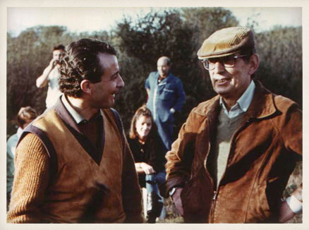 Miguel Delibes con Juan Diego. Rodaje de Los santos inocentes, 1984.