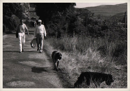Miguel Delibes paseando con sus perros, Grin y Cóquer. Sedano (Burgos).